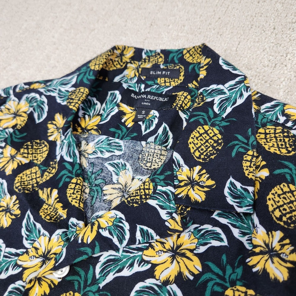 Banana Republic Linen Shirt Men Small Pineapple AOP Slim Fit Loop Collar Camp
